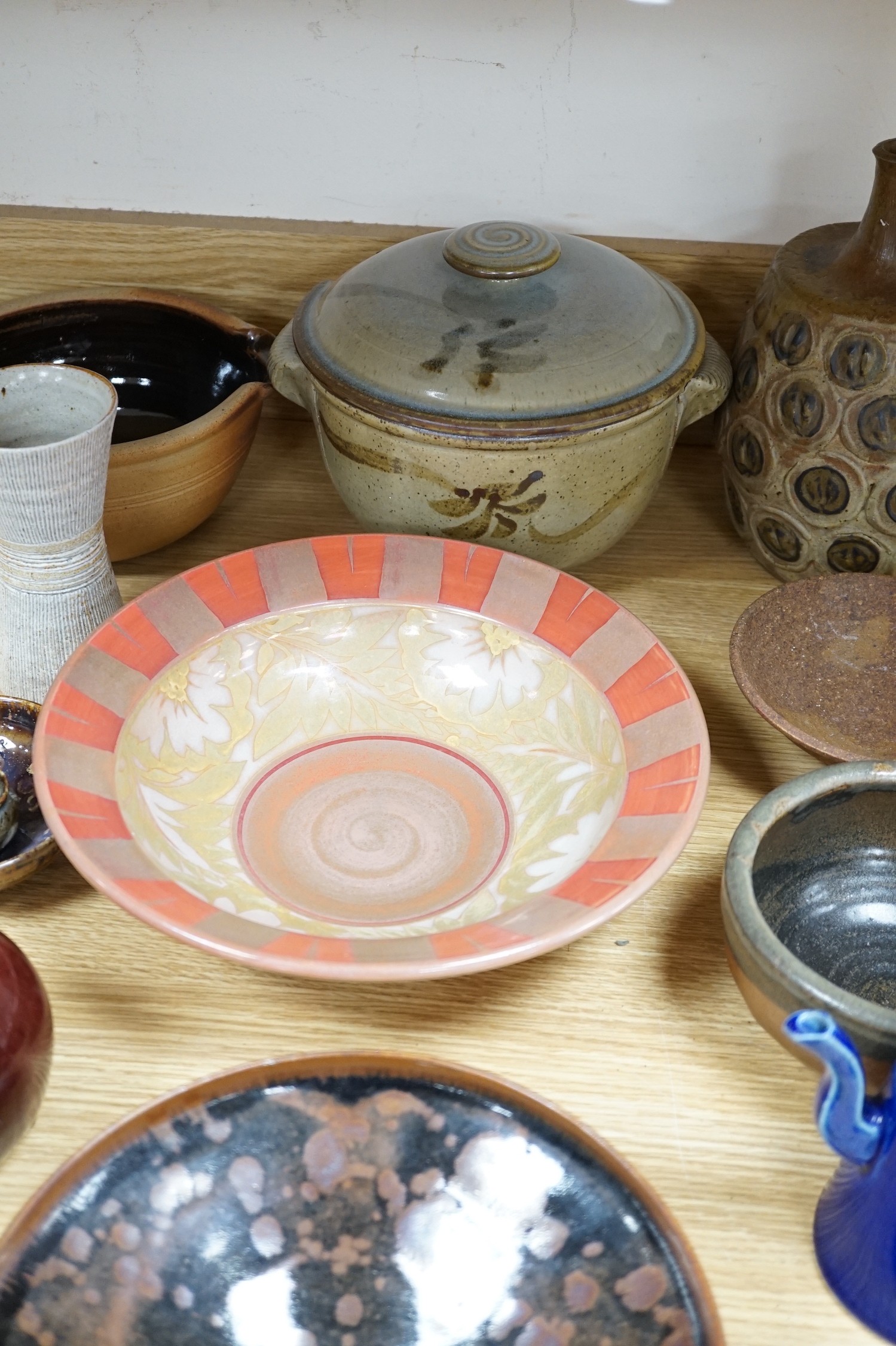 A group of studio ceramics, including a Jonathan Chiswell-Jones lustre bowl, two Carter 1954 tiles, a Matt Grimitt pouring bowl etc.